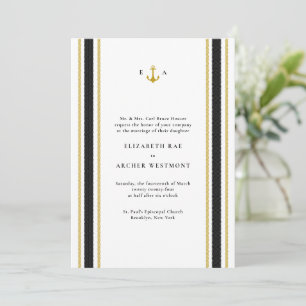 Black Gold Nautical Stripes Coastal Wedding Kaart