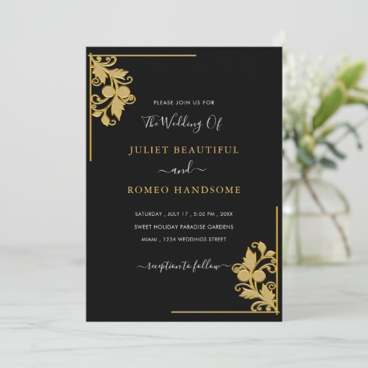 Black Gold Ornamenten bruiloft uitnodiging Sjabloo (Staand voorkant)