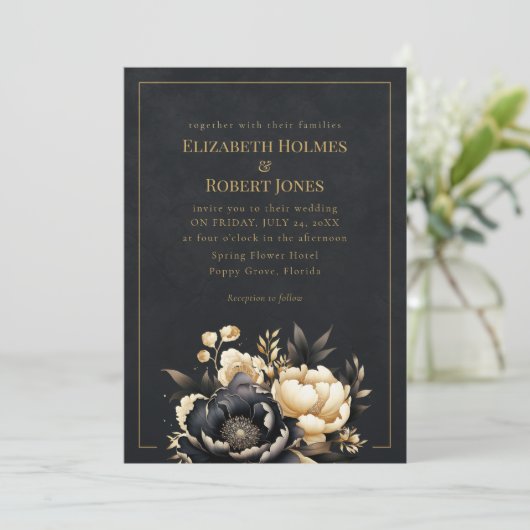 Black & Gold Peony Gothic Wedding Invitation (Debout devant)