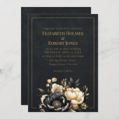 Black & Gold Peony Gothic Wedding Invitation (Devant / Derrière)