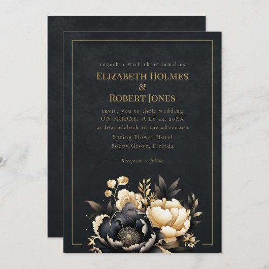 Black & Gold Peony Gothic Wedding Invitation (Devant / Derrière)