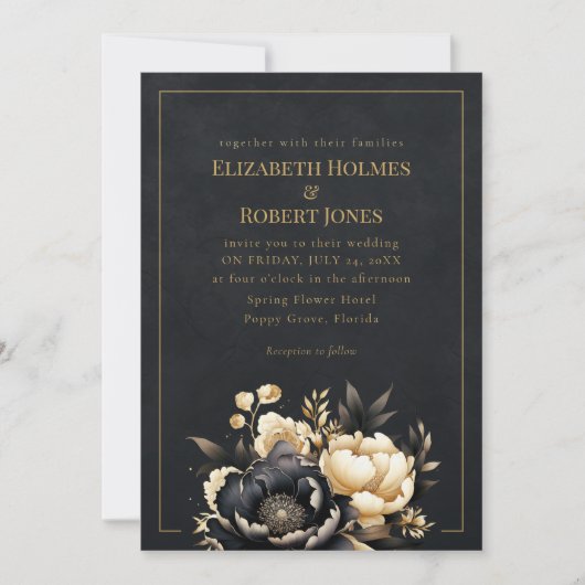 Black & Gold Peony Gothic Wedding Invitation Kaart (Voorkant)
