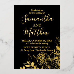 Black & Gold Peony Modern Floral Wedding Folie Uitnodiging