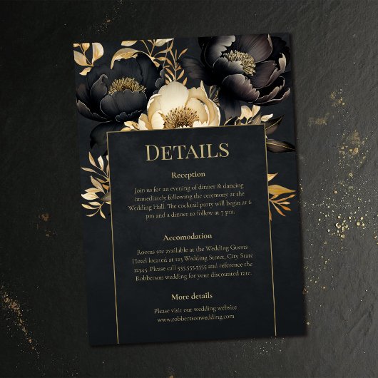 Black & Gold Peony Wedding Details Card Kaart