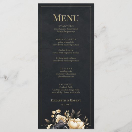 Black & Gold Peony Wedding Menu Card (Voorkant)