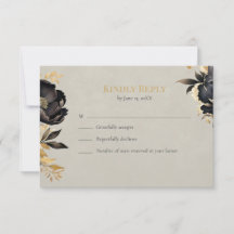 Black & Gold Peony Wedding RSVP Card