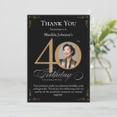 Black Gold Photo 40th Birthday Carte de remercieme (Debout devant)