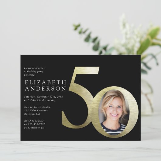 Black Gold Photo 50th Birthday Kaart (Staand voorkant)
