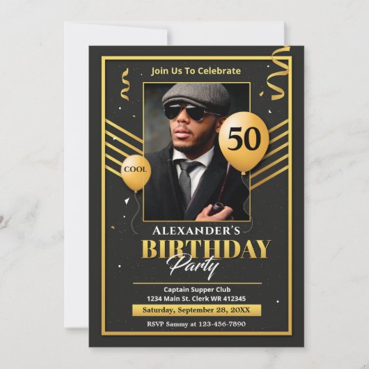 Black Gold Photo 50th Birthday Party Invitation (Devant)