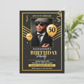 Black Gold Photo 50th Birthday Party Invitation (Debout devant)