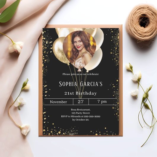 Black gold photo glitter balloons birthday kaart