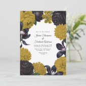 Black & Gold Photo/QR Code Floral Wedding Kaart (Staand voorkant)