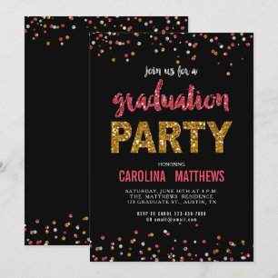 Black Gold Pink Confetti Graduation Party Invite Kaart