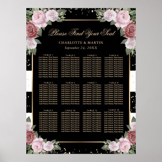 Black Gold Pink Floral Wedding Seating Chart 12 Poster (Voorkant)