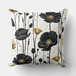 Black & Gold Poppies op wit Kussen