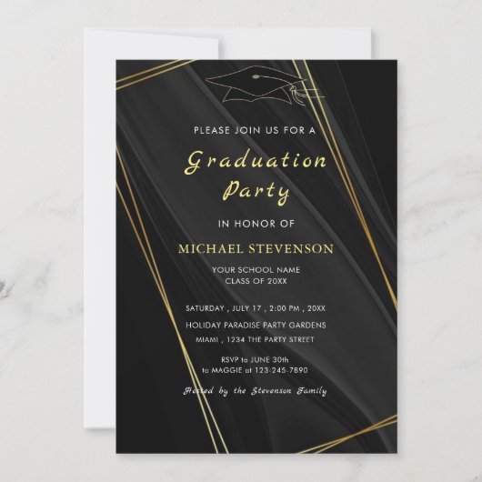 Black Gold QR Code Afstuderen Invitation voorbeeld (Voorkant)