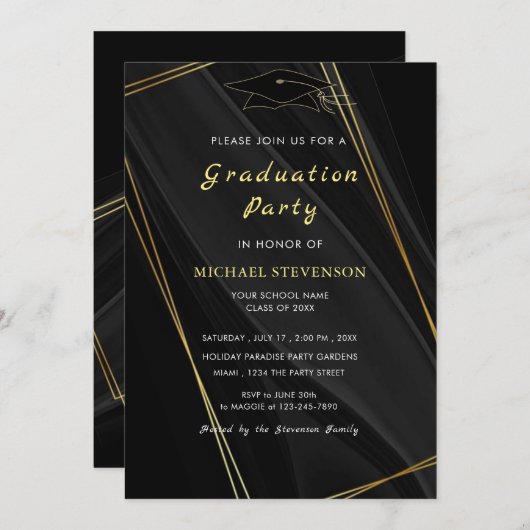 Black Gold QR Code Afstuderen Invitation voorbeeld (Voorkant / Achterkant)