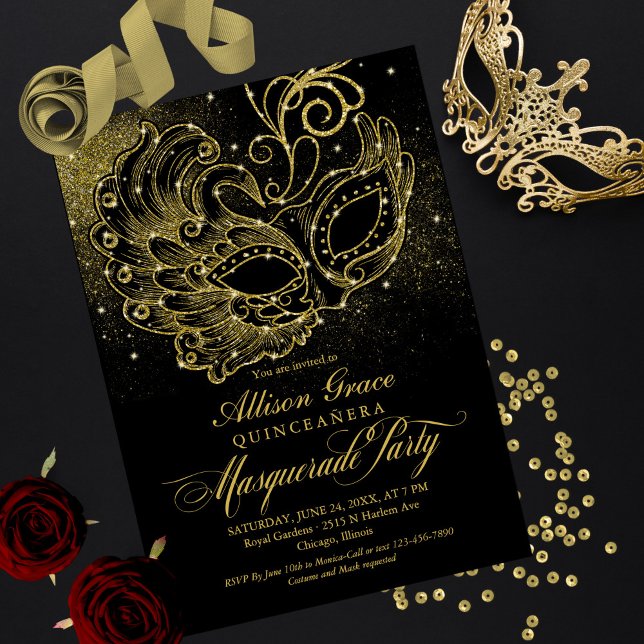 Black Gold Quinceanera Masquerade Invitation (Creator heeft geüpload)