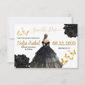 Black & Gold Quinceañera Save the Date Card (Devant)
