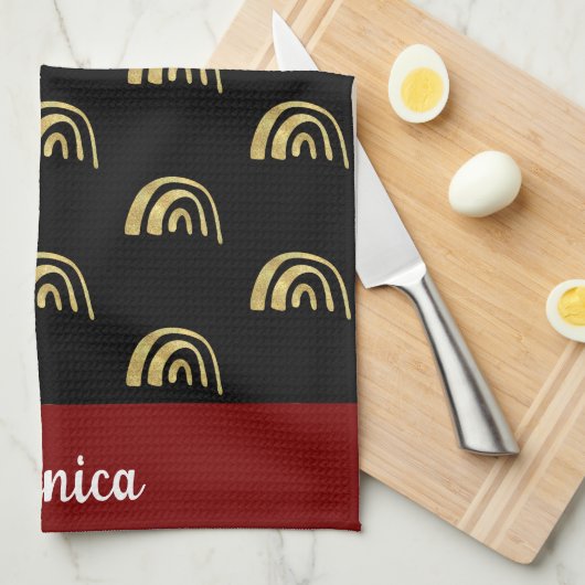 Black & Gold rainbow custom name Theedoek (Quarter Fold)