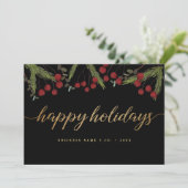 Black & Gold Red berries Happy Holidays Logo Feestdagenkaart (Staand voorkant)