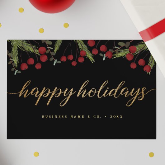 Black & Gold Red berries Happy Holidays Logo Feestdagenkaart
