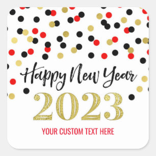 Black Gold Red Confetti Happy Nieuwjaar 2023 Vierkante Sticker