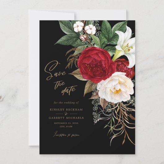 Black Gold Romantic Floral Wedding Save the Date (Voorkant)