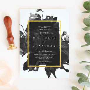 Black Gold Rose Bouquet Wedding Invitation Kaart