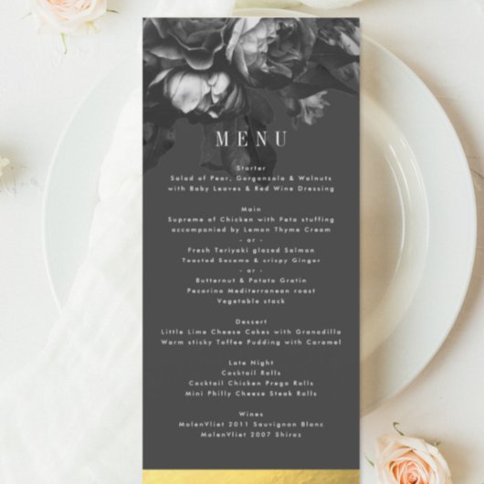 Black Gold Rose Bouquet Wedding Menu