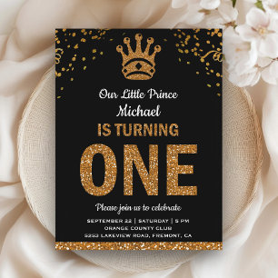 Black Gold Royal Prince Eerste Verjaardag Uitnodiging Briefkaart
