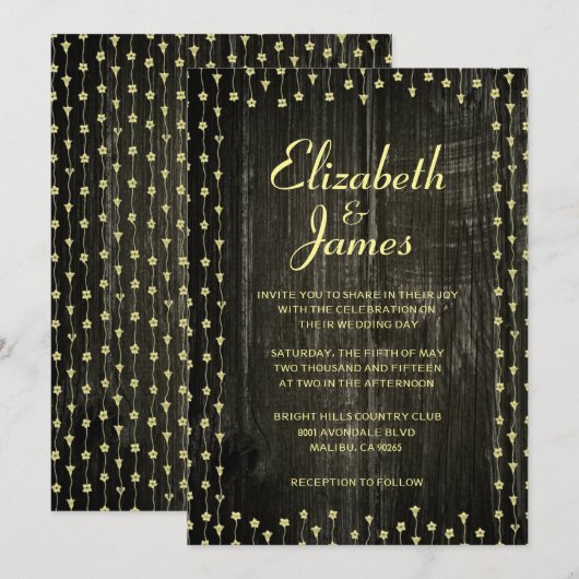 Black & Gold Rustic Wood Wedding Invitations (Devant / Derrière)