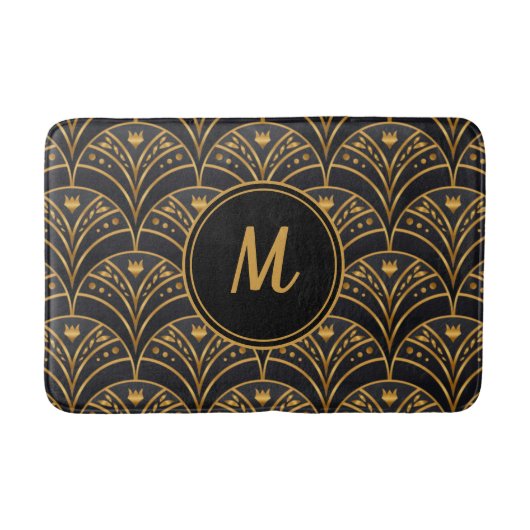 Black Gold Scallop Pattern Art Deco Monogram Badmat (Voorkant)