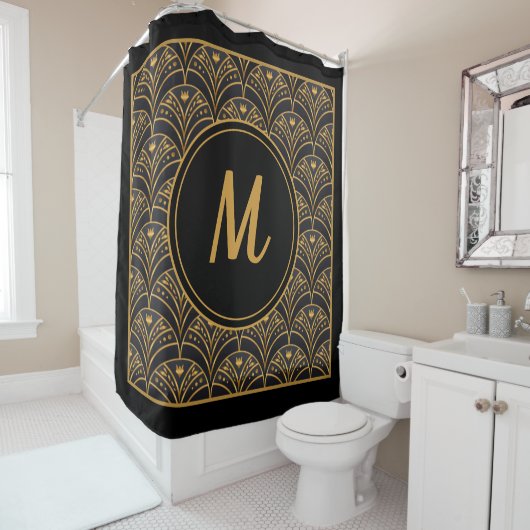 Black Gold Scallop Pattern Art Deco Monogram Douchegordijn (In situ)
