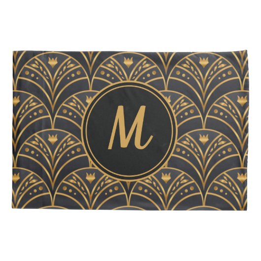Black Gold Scallop Pattern Art Deco Monogram Kussensloop (Achterkant)