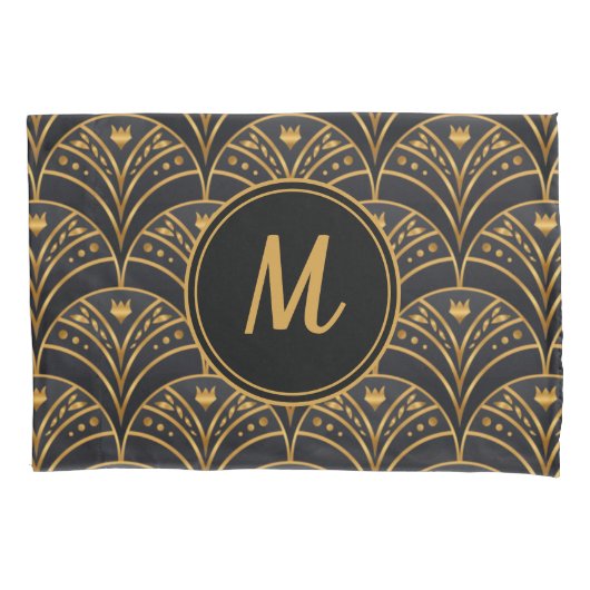 Black Gold Scallop Pattern Art Deco Monogram Kussensloop (Voorkant)