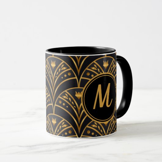 Black Gold Scallop Pattern Art Deco Monogram Mok (Voorkant rechts)