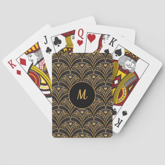 Black Gold Scallop Pattern Art Deco Monogram Pokerkaarten (Achterkant)
