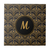 Black Gold Scallop Pattern Art Deco Monogram Tegeltje (Voorkant)