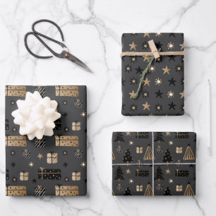 Black Gold Scandinavian Kerstmis op Black Inpakpapier Vel