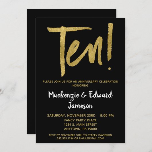 Black Gold Script 10th Anniversary Invitation (Devant / Derrière)