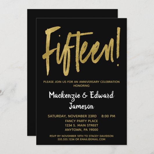 Black Gold Script 15e Jubileum-uitnodiging Kaart (Voorkant / Achterkant)