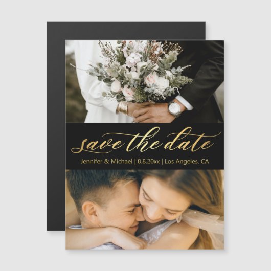 black gold script 2 photos save the date magnet (Devant / Derrière)