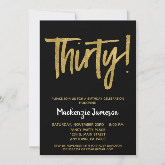 Black Gold Script 30th Birthday Party Invitation Kaart (Voorkant)