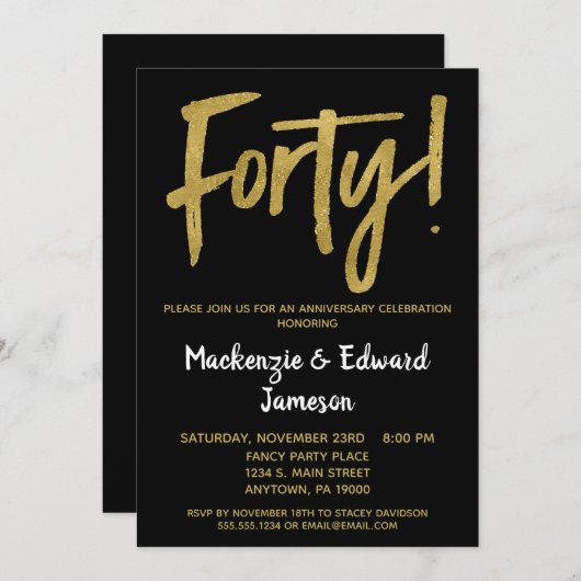 Black Gold Script 40th Anniversary Invitation (Devant / Derrière)