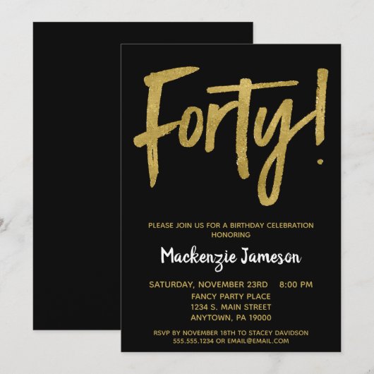 Black Gold Script 40th Birthday Party Invitation (Devant / Derrière)