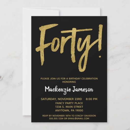 Black Gold Script 40th Birthday Party Invitation Kaart (Voorkant)
