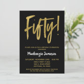 Black Gold Script 50th Birthday Party Invitation Kaart (Staand voorkant)