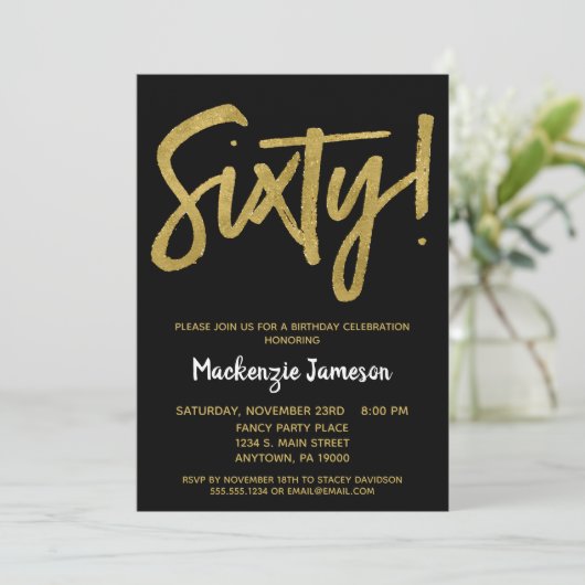 Black Gold Script 60th Birthday Party Invitation (Debout devant)
