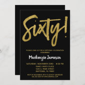Black Gold Script 60th Birthday Party Invitation Kaart (Voorkant / Achterkant)